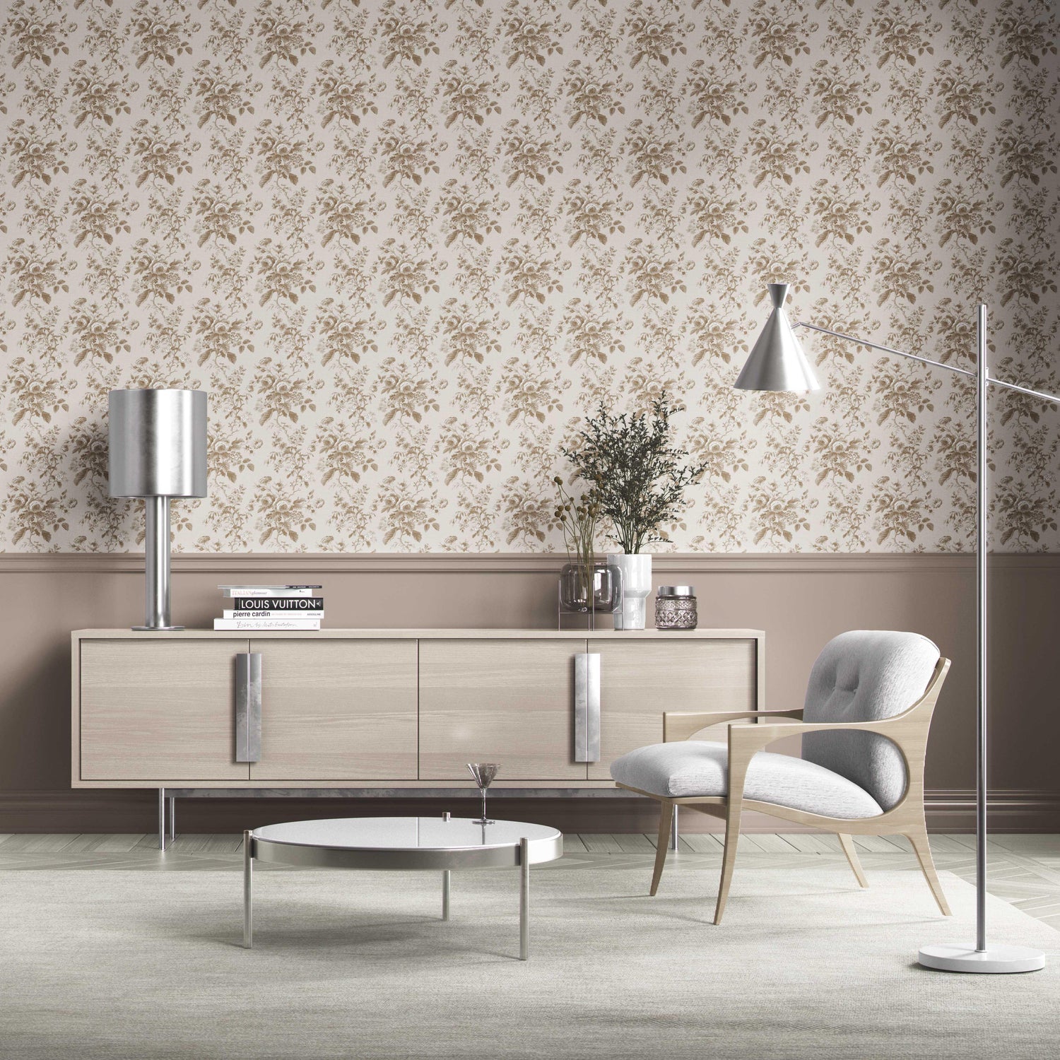Vintage-Inspired Floral Toile/ Botanical Kitchen Wallpaper (Light Brown/ Beige/ Taupe)