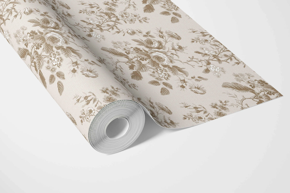 Vintage-Inspired Floral Toile/ Botanical Bathroom Wallpaper (Light Brown/ Beige/ Taupe)