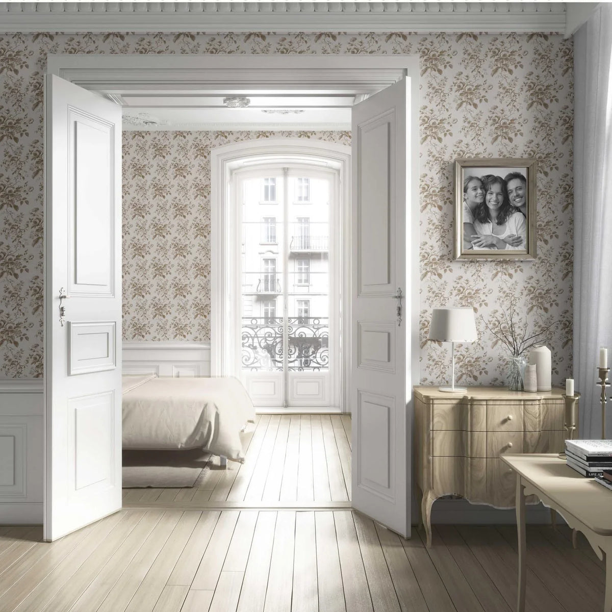 Vintage-Inspired Floral Toile/ Botanical Living Room Wallpaper (Light Brown/ Beige/ Taupe)