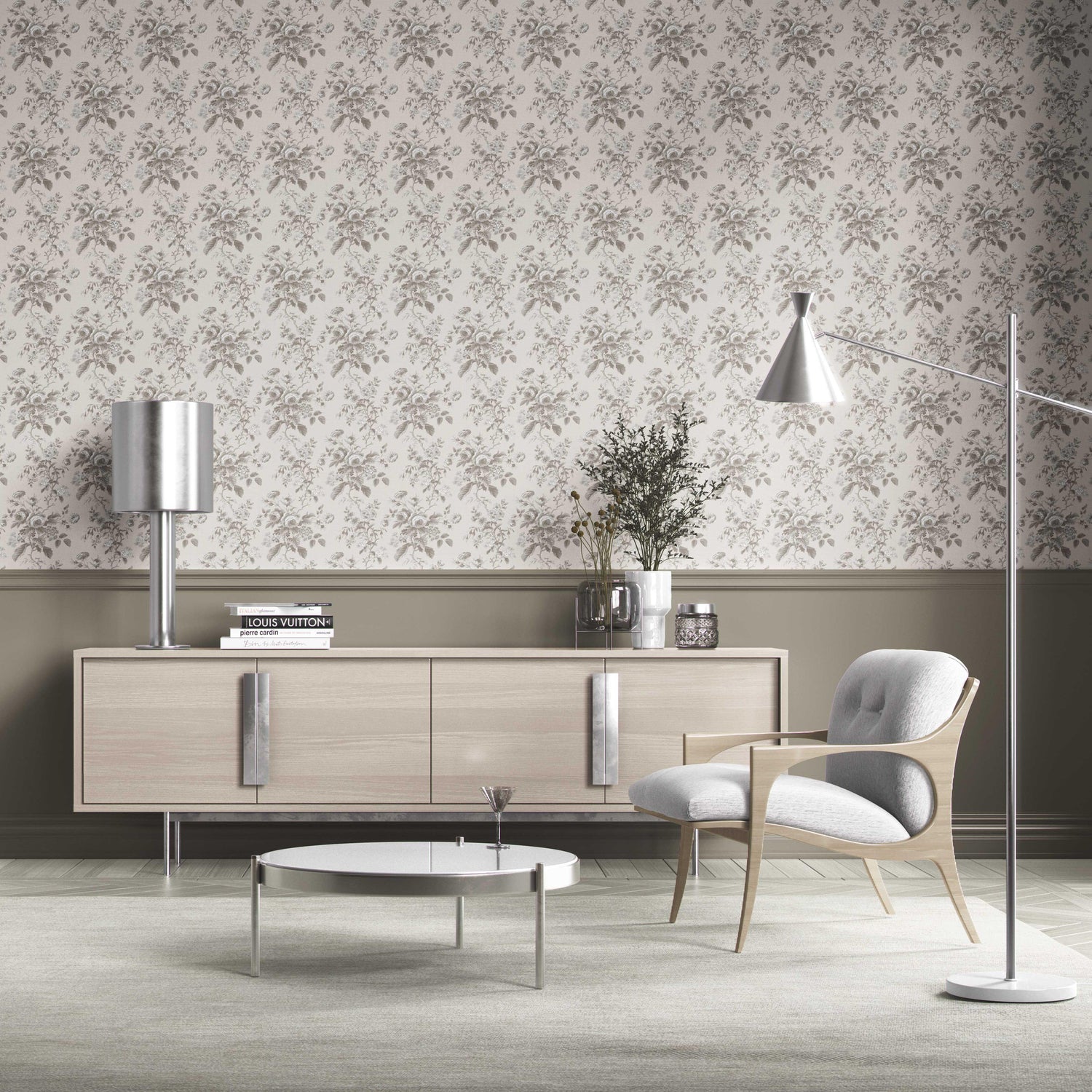 Vintage-Inspired Floral Toile/ Botanical Kitchen Wallpaper (Warm Gray/ Greige)