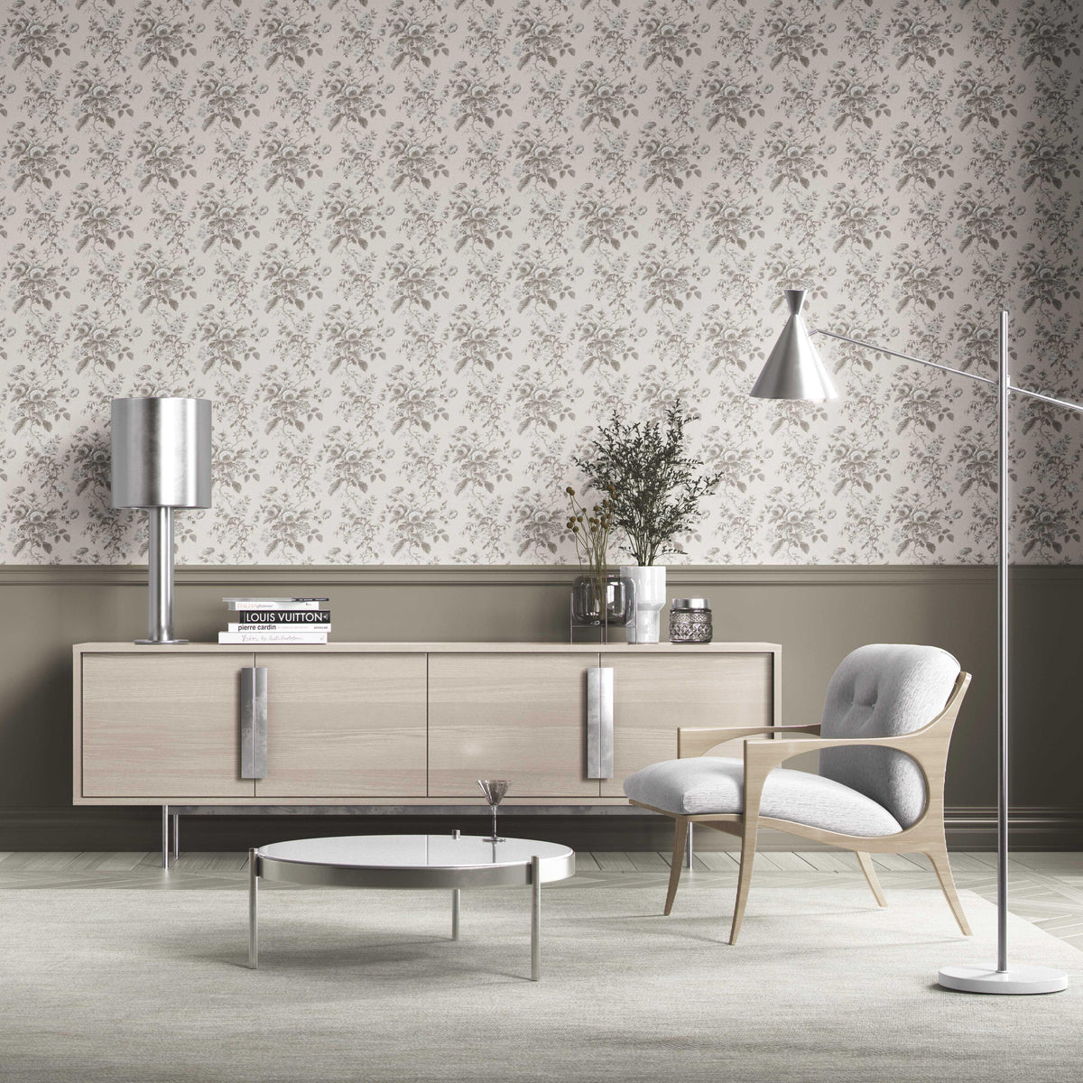 Vintage-Inspired Floral Toile/ Botanical Kitchen Wallpaper (Warm Gray/ Greige)