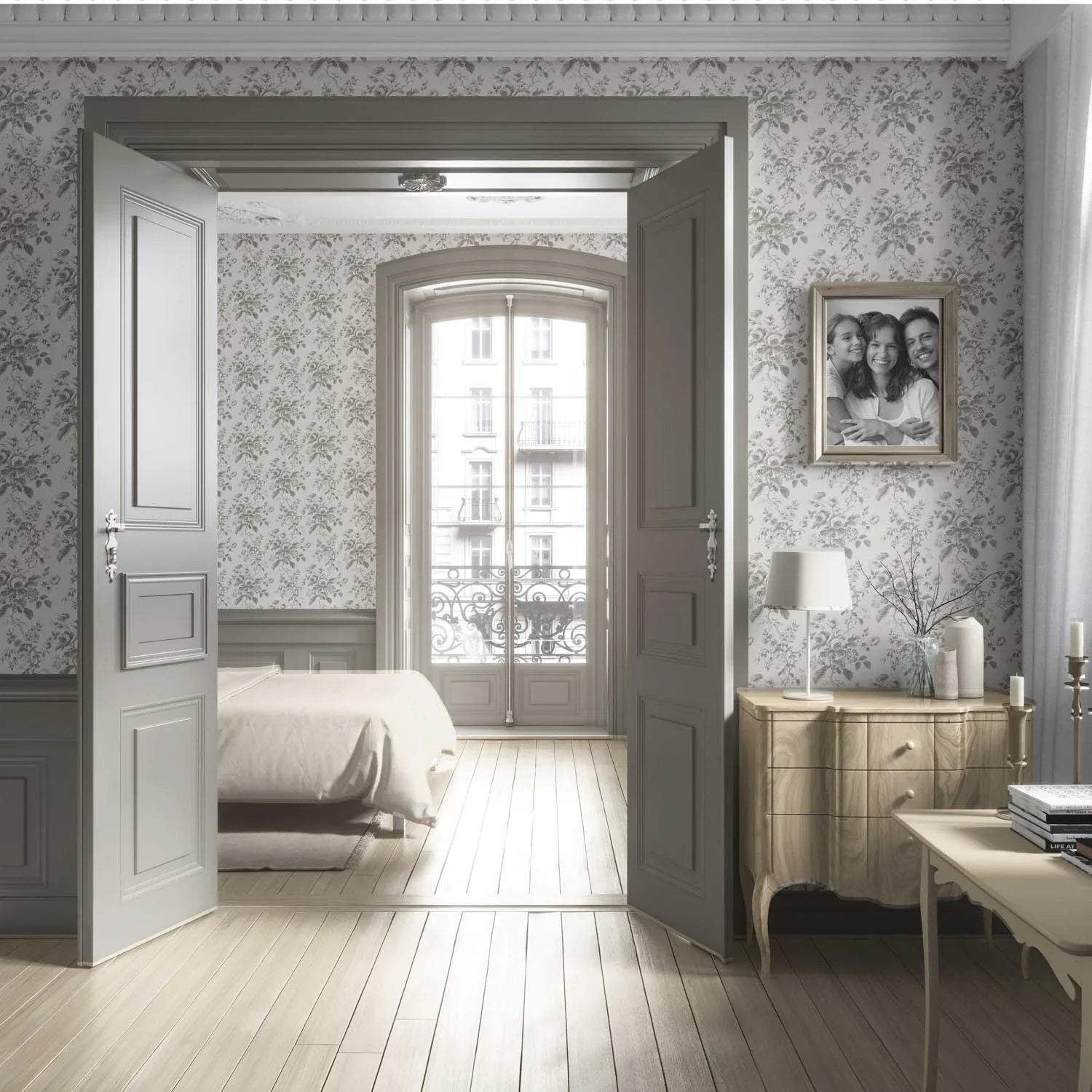 Vintage-Inspired Floral Toile/ Botanical Living Room Wallpaper (Warm Gray/ Greige)