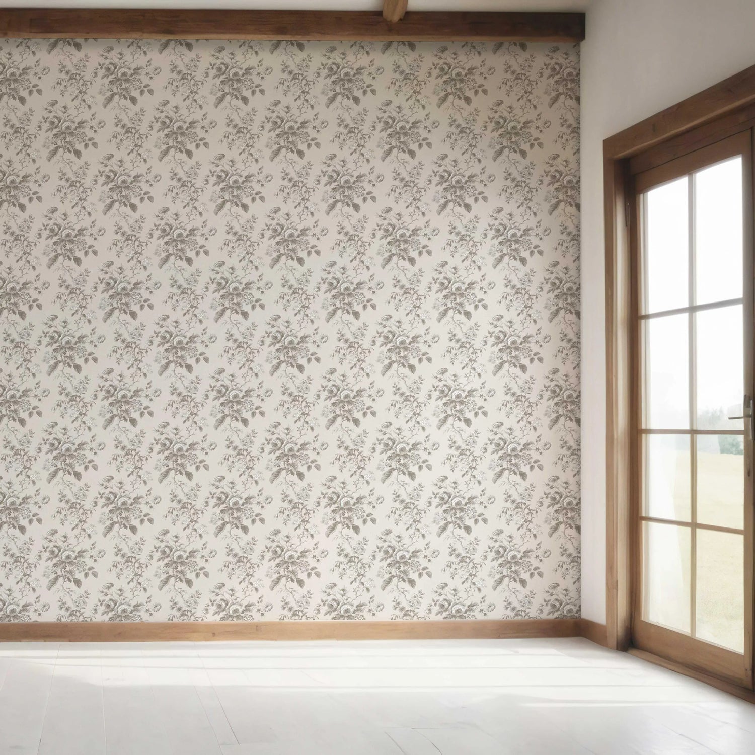 Vintage-Inspired Floral Toile/ Botanical Bedroom Wallpaper (Warm Gray/ Greige)