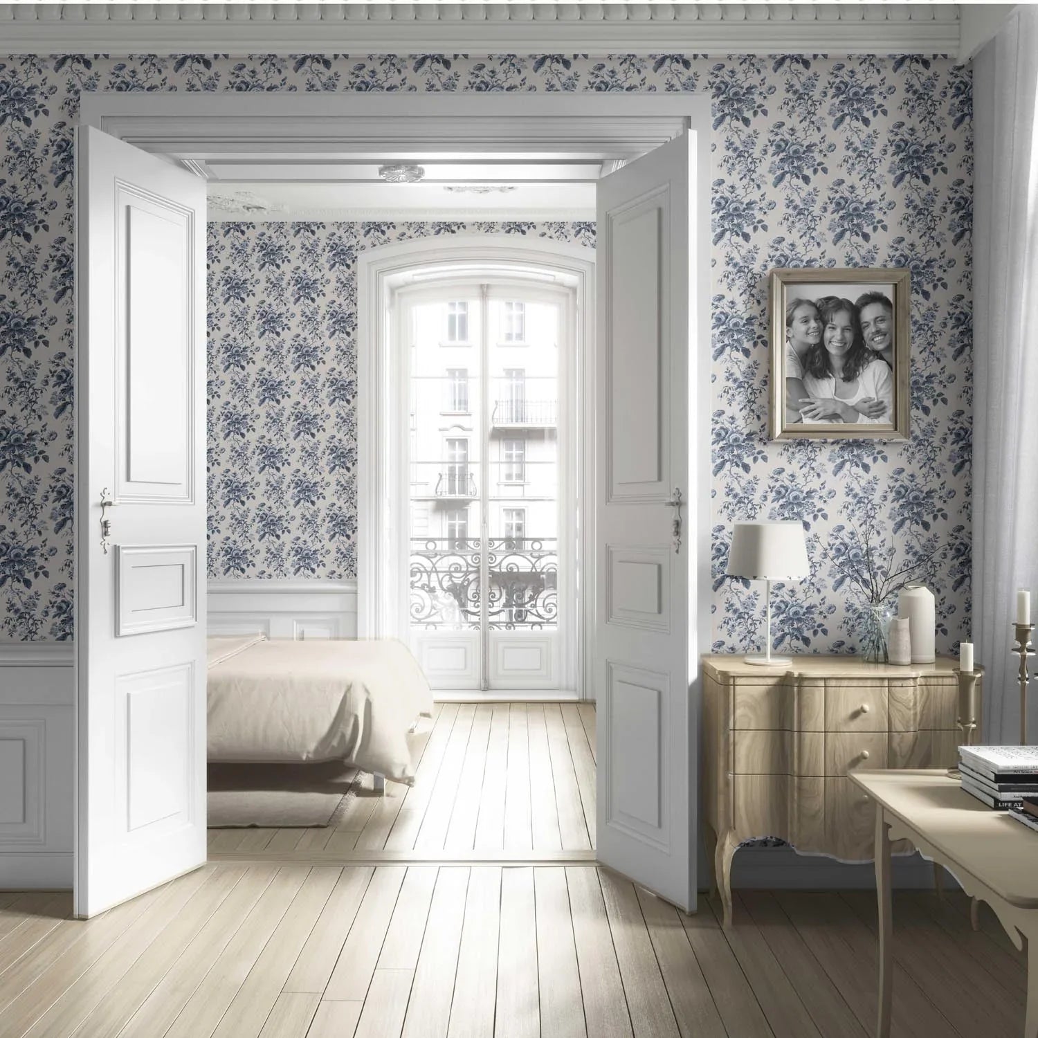Vintage-Inspired Floral Toile/ Botanical Living Room Wallpaper (Vintage Blue/ Slate Blue)
