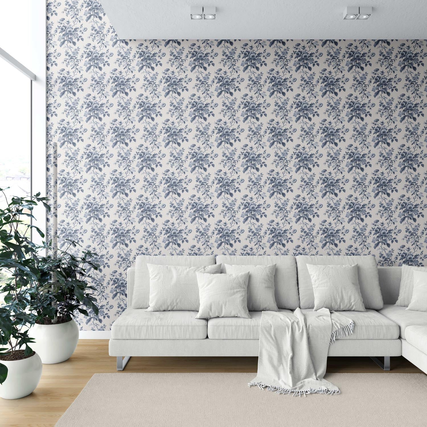 Vintage-Inspired Floral Toile/ Botanical Shower Toilet Wallpaper (Vintage Blue/ Slate Blue)