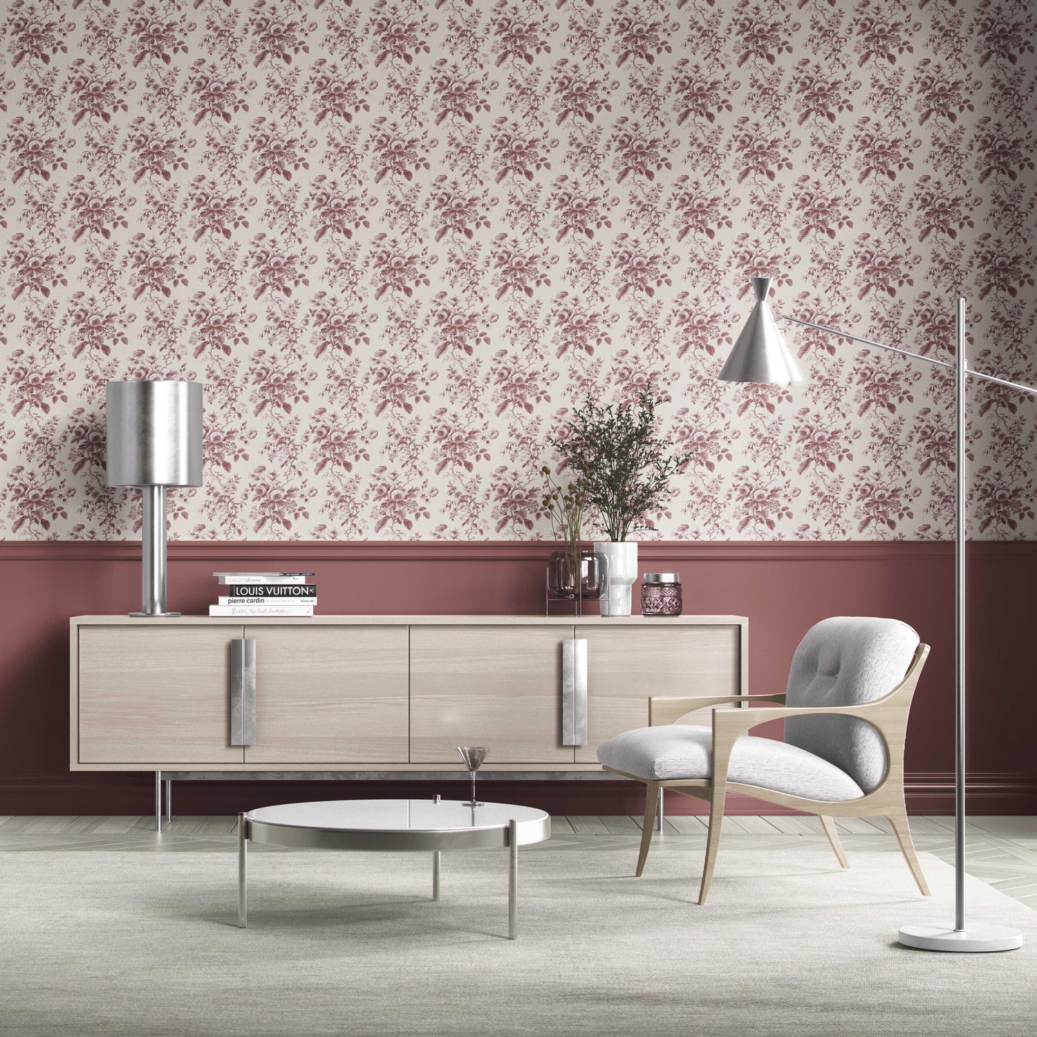 Vintage-Inspired Floral Toile/ Botanical Kitchen Wallpaper (Burgundy Red)