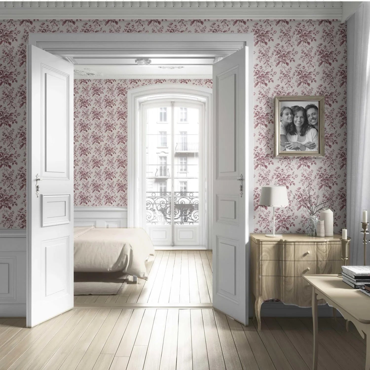 Vintage-Inspired Floral Toile/ Botanical Living Room Wallpaper (Burgundy Red)
