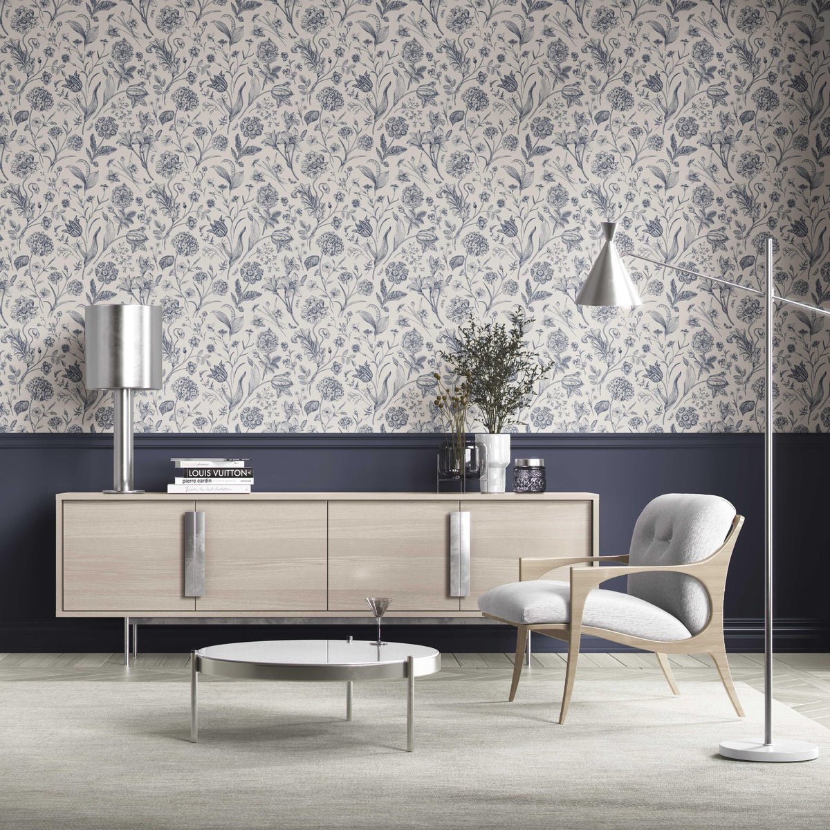 Floral/ Botanical Kitchen Wallpaper (Navy Blue)