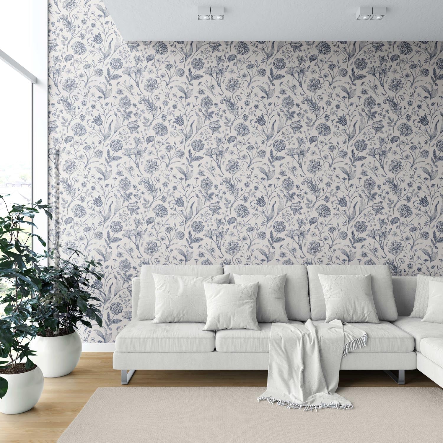 Floral/ Botanical Shower Toilet Wallpaper (Navy Blue)