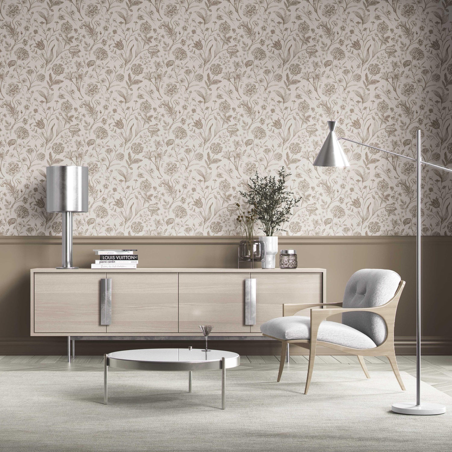 Neutral Floral/ Botanical Kitchen Wallpaper (Greige/ Beige/ Warm Gray)