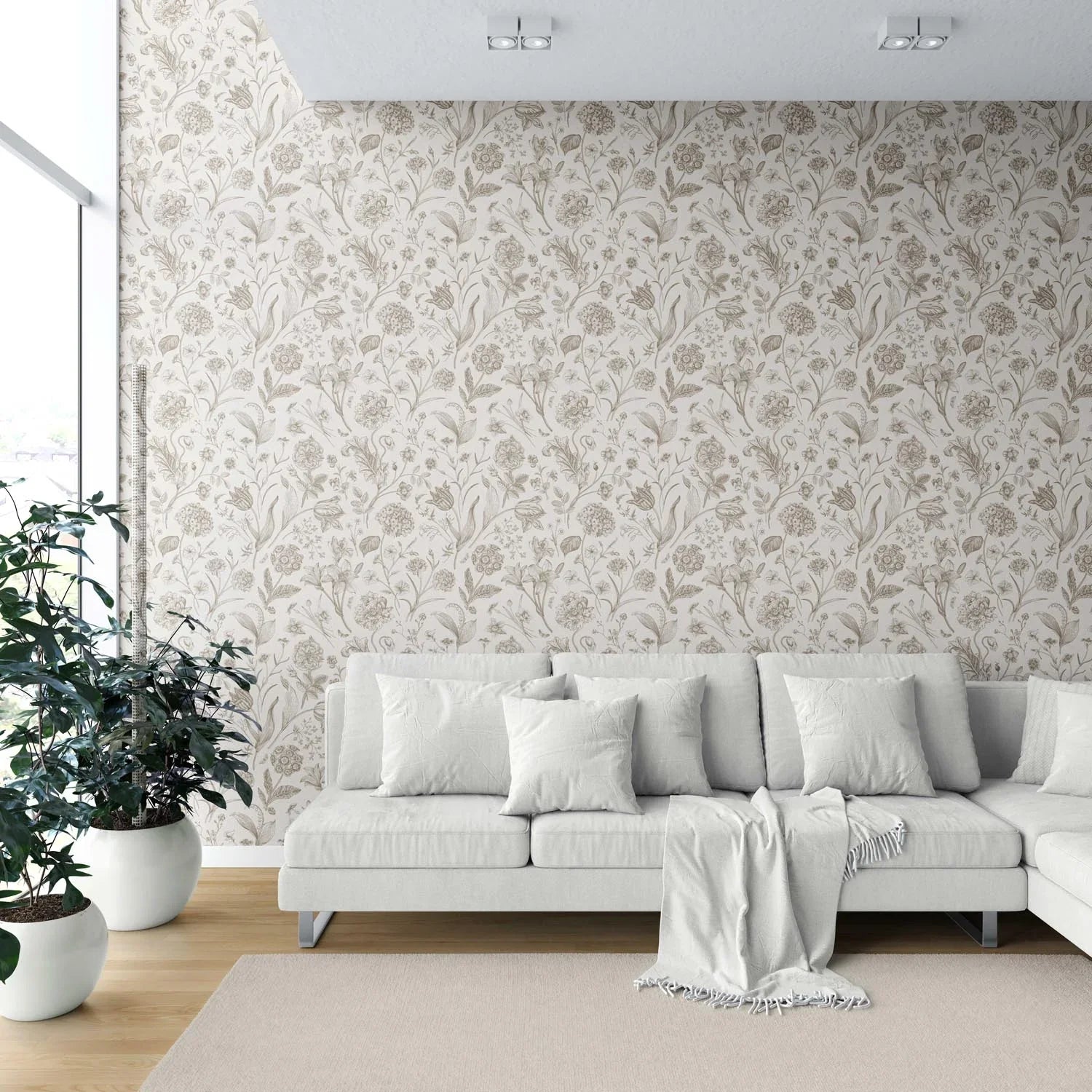 Neutral Floral/ Botanical Shower Toilet Wallpaper (Greige/ Beige/ Warm Gray)