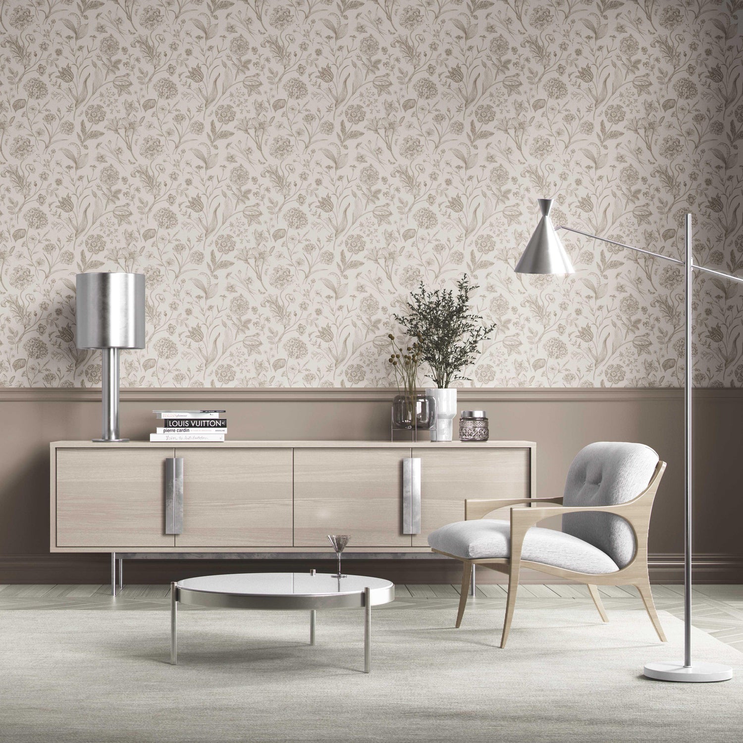 Neutral Floral/ Botanical Kitchen Wallpaper (Beige/ Soft Taupe)