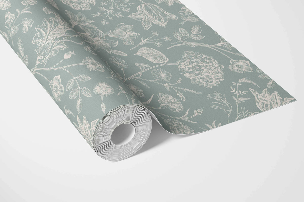 Floral/ Botanical Bathroom Wallpaper (Cadet Blue/ Mint Gray/ Cream)