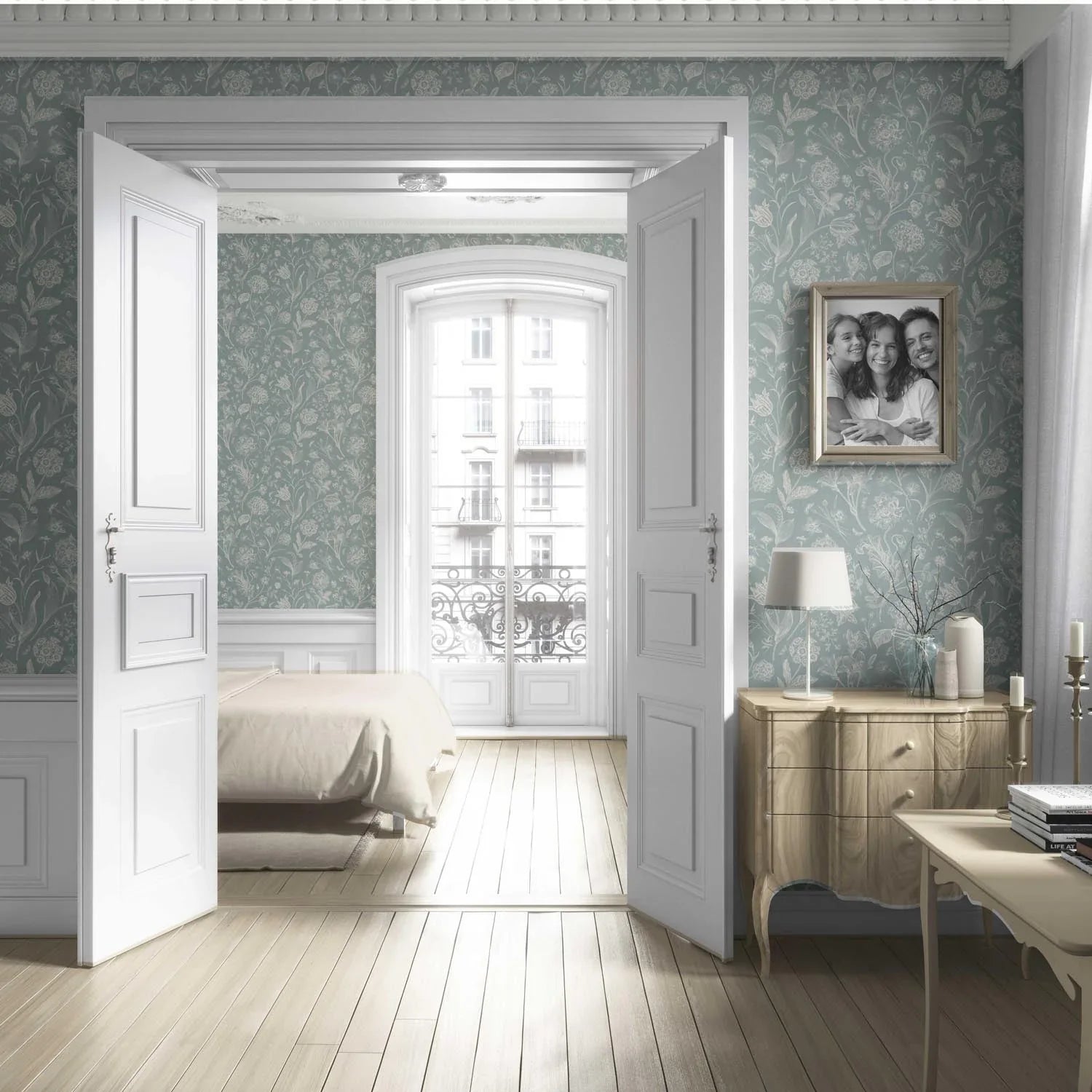 Floral/ Botanical Living Room Wallpaper (Cadet Blue/ Mint Gray/ Cream)