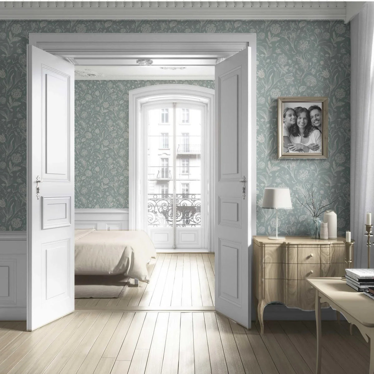 Floral/ Botanical Living Room Wallpaper (Cadet Blue/ Mint Gray/ Cream)