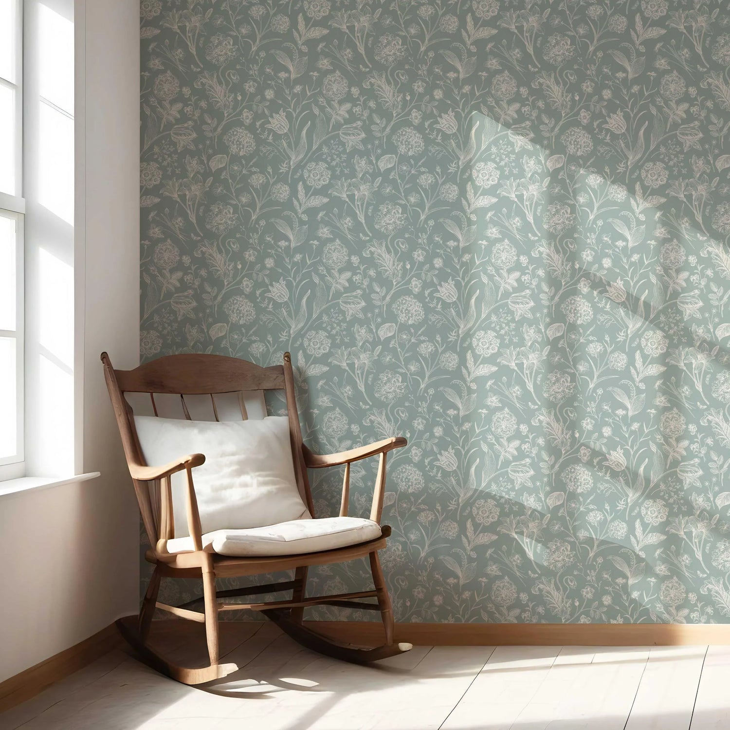 Floral/ Botanical Nursery Wallpaper (Cadet Blue/ Mint Gray/ Cream)