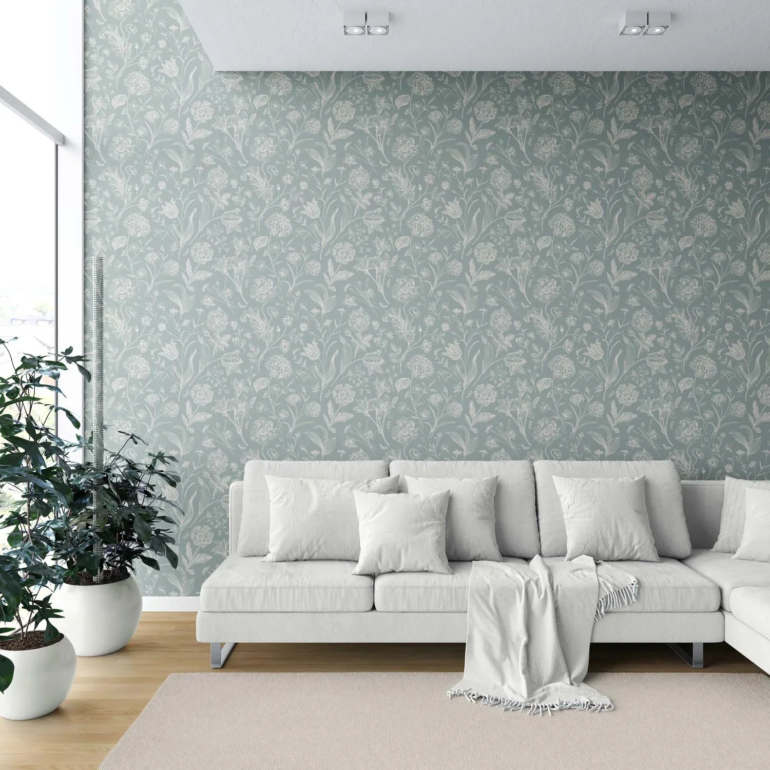 Floral/ Botanical Shower Toilet Wallpaper (Cadet Blue/ Mint Gray/ Cream)