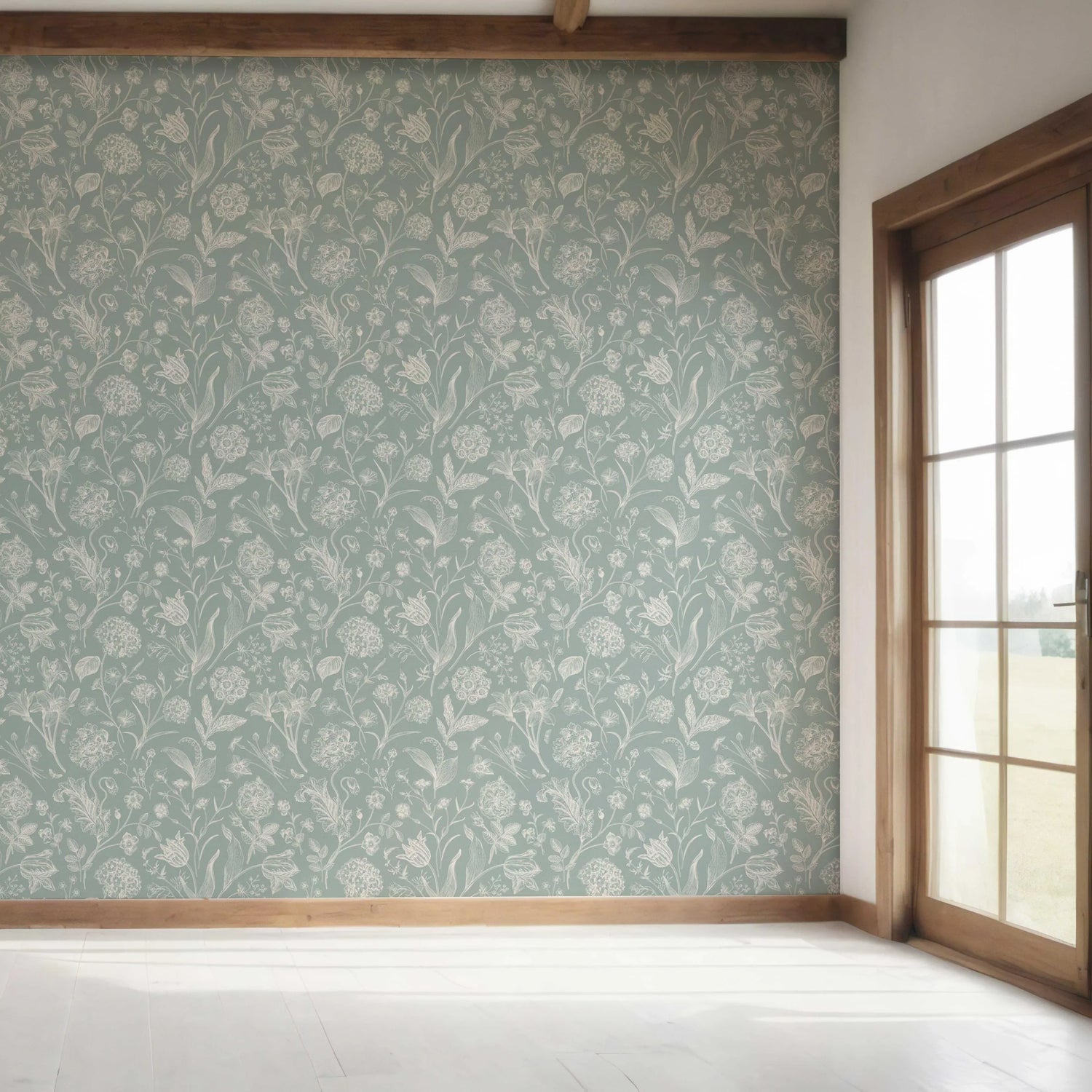 Floral/ Botanical Bedroom Wallpaper (Cadet Blue/ Mint Gray/ Cream)