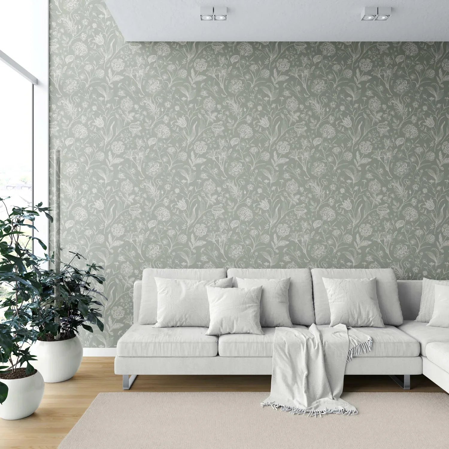 Floral/ Botanical Shower Toilet Wallpaper (Sage Green)