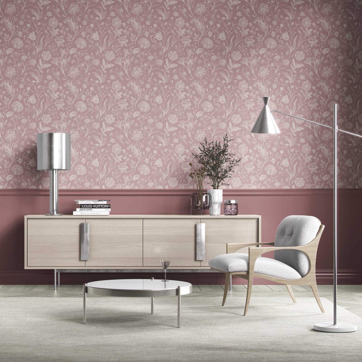 Floral/ Botanical Kitchen Wallpaper (Dusky Pink/ Cream)