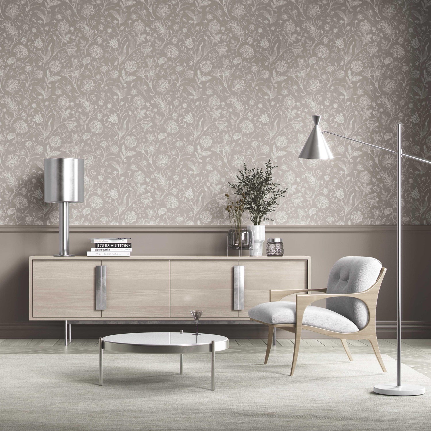 Neutral Floral/ Botanical Kitchen Wallpaper (Greige/ Warm Gray/ Taupe)