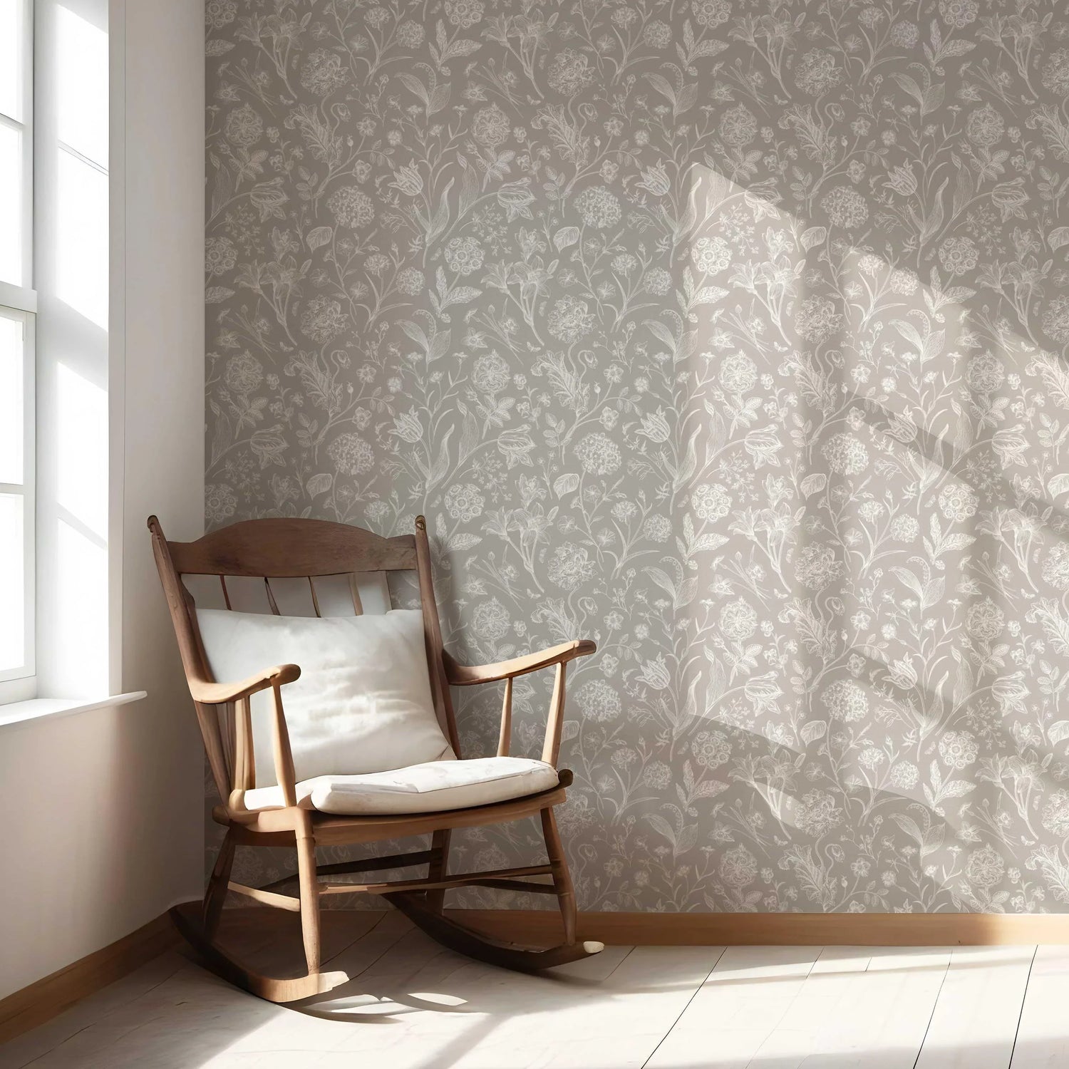 Neutral Floral/ Botanical Nursery Wallpaper (Greige/ Warm Gray/ Taupe)