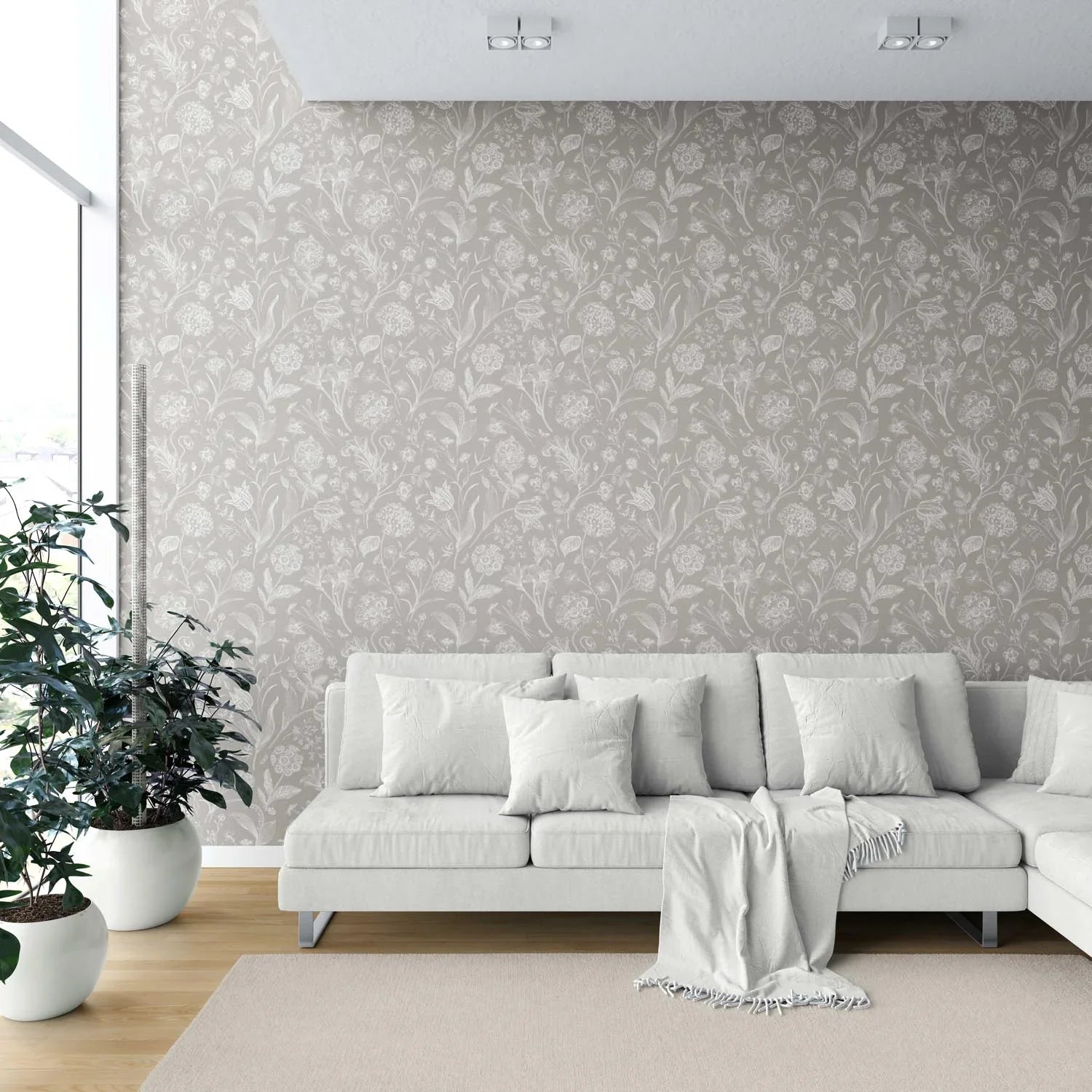 Neutral Floral/ Botanical Shower Toilet Wallpaper (Greige/ Warm Gray/ Taupe)