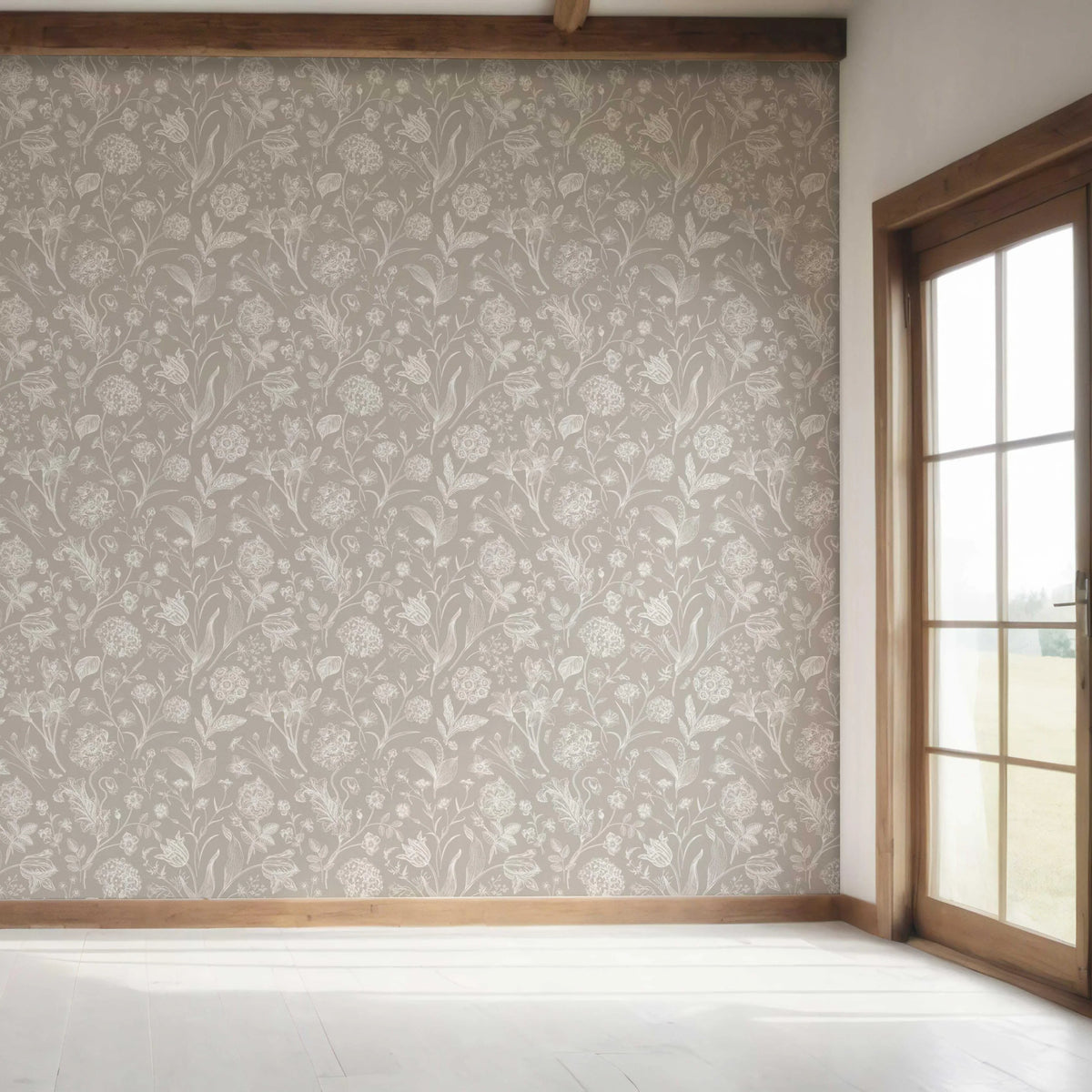 Neutral Floral/ Botanical Bedroom Wallpaper (Greige/ Warm Gray/ Taupe)
