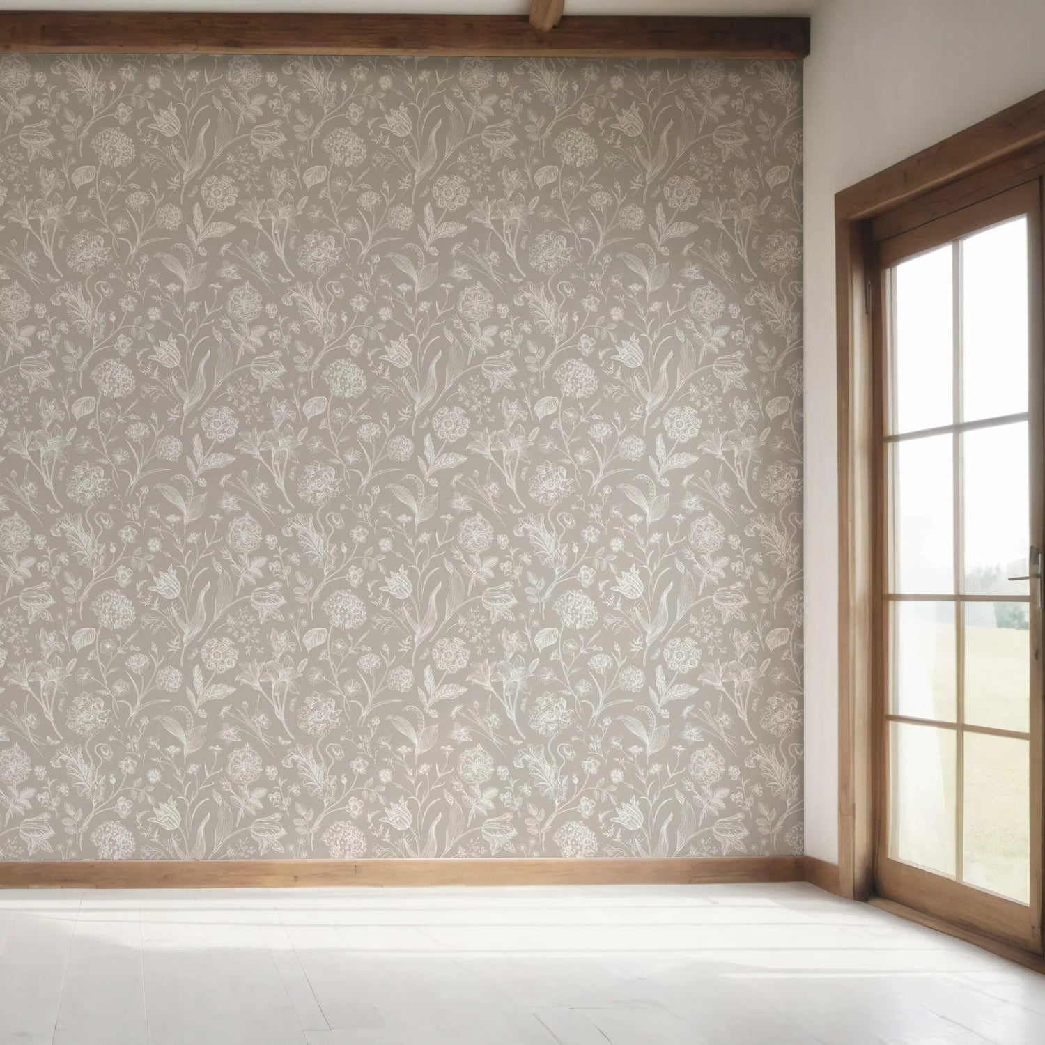Neutral Floral/ Botanical Bedroom Wallpaper (Greige/ Warm Gray/ Taupe)