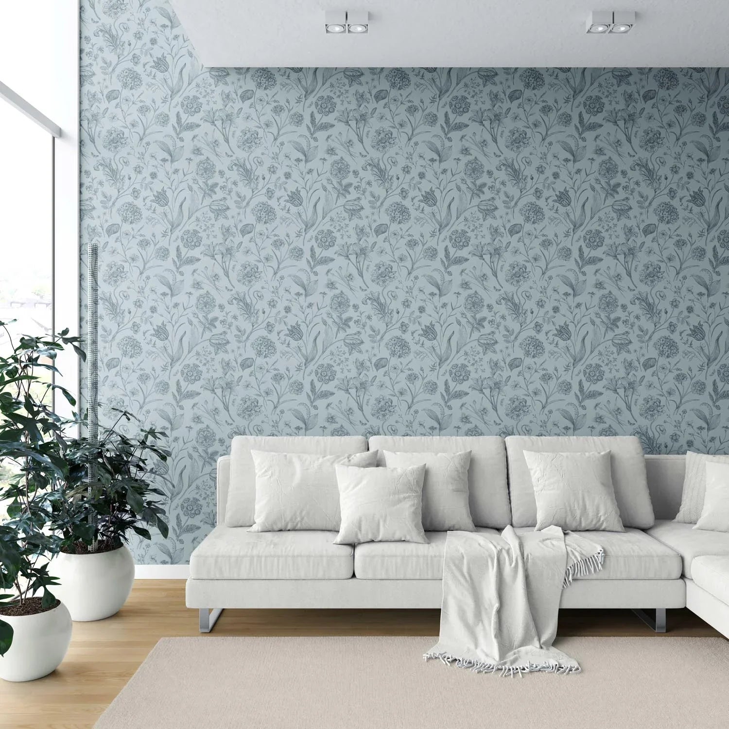 Floral/ Botanical Shower Toilet Wallpaper (Slate Blue/ Gray)