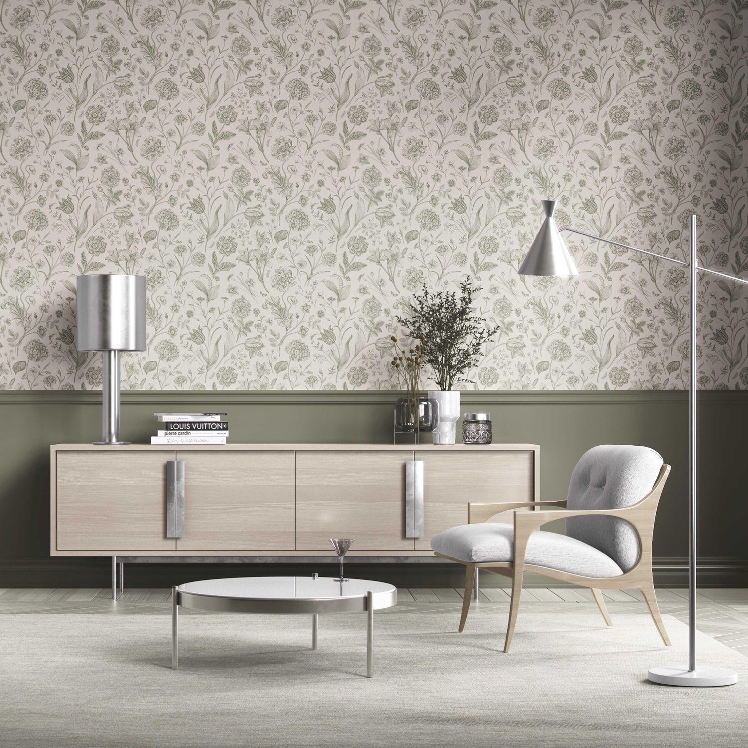 Floral/ Botanical Kitchen Wallpaper (Olive Green)