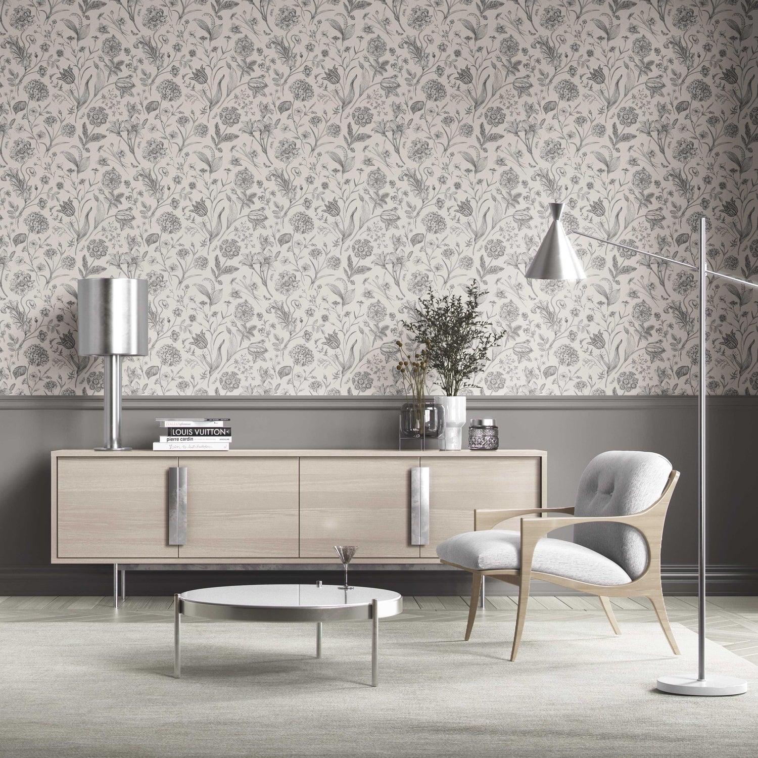 Neutral Floral/ Botanical Kitchen Wallpaper (Metallic Gray)