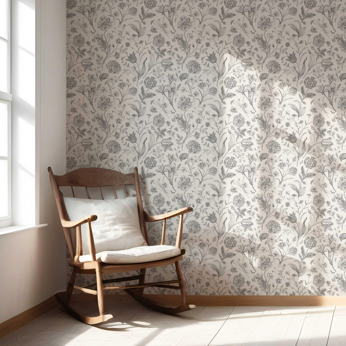 Neutral Floral/ Botanical Nursery Wallpaper (Metallic Gray)