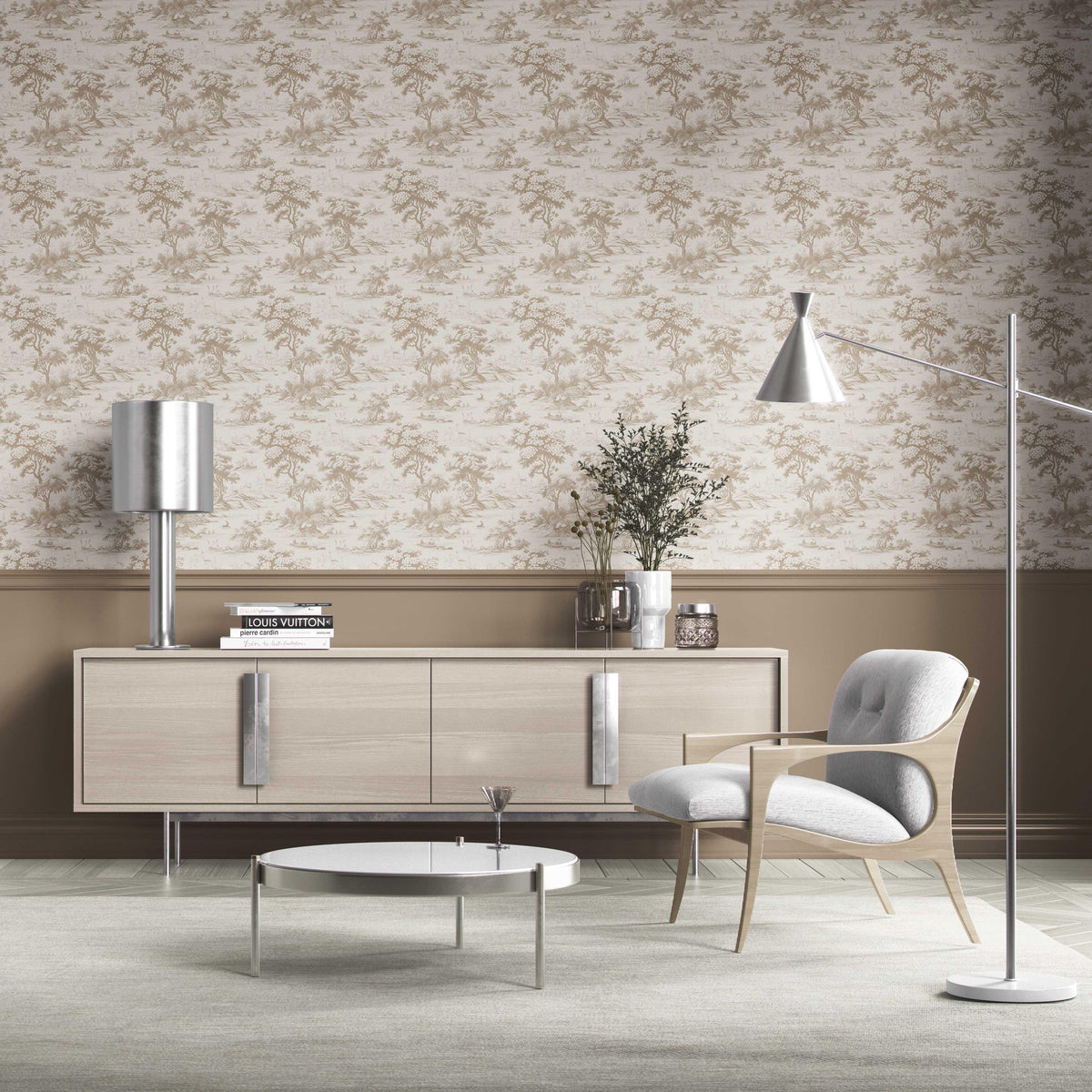 Floral Toile de Jouy Nature Print Kitchen Wallpaper (Beige/ Brown/ Taupe)