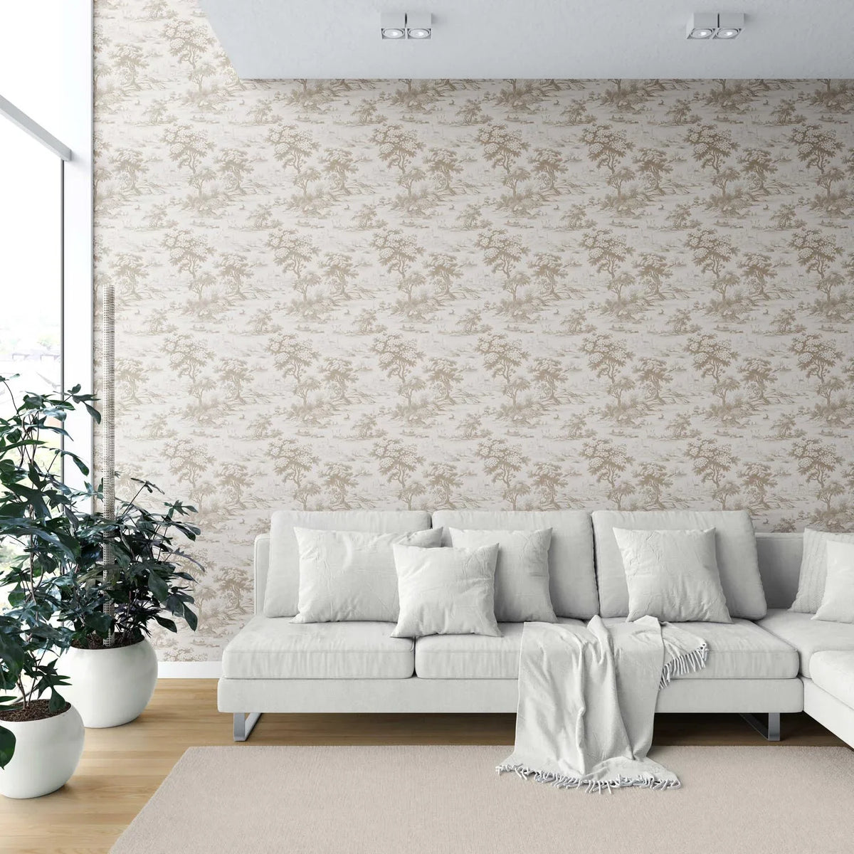 Floral Toile de Jouy Nature Print Shower Toilet Wallpaper (Beige/ Brown/ Taupe)