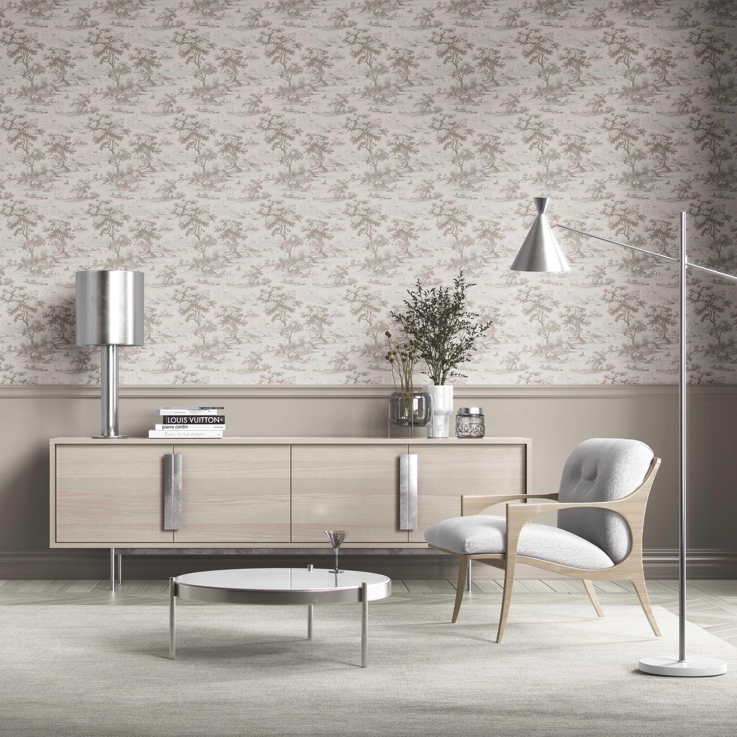 Floral Toile de Jouy Nature Print Kitchen Wallpaper (Greige/ Taupe/ Warm Gray)