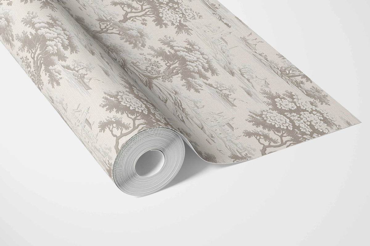 Floral Toile de Jouy Nature Print Bathroom Wallpaper (Greige/ Taupe/ Warm Gray)