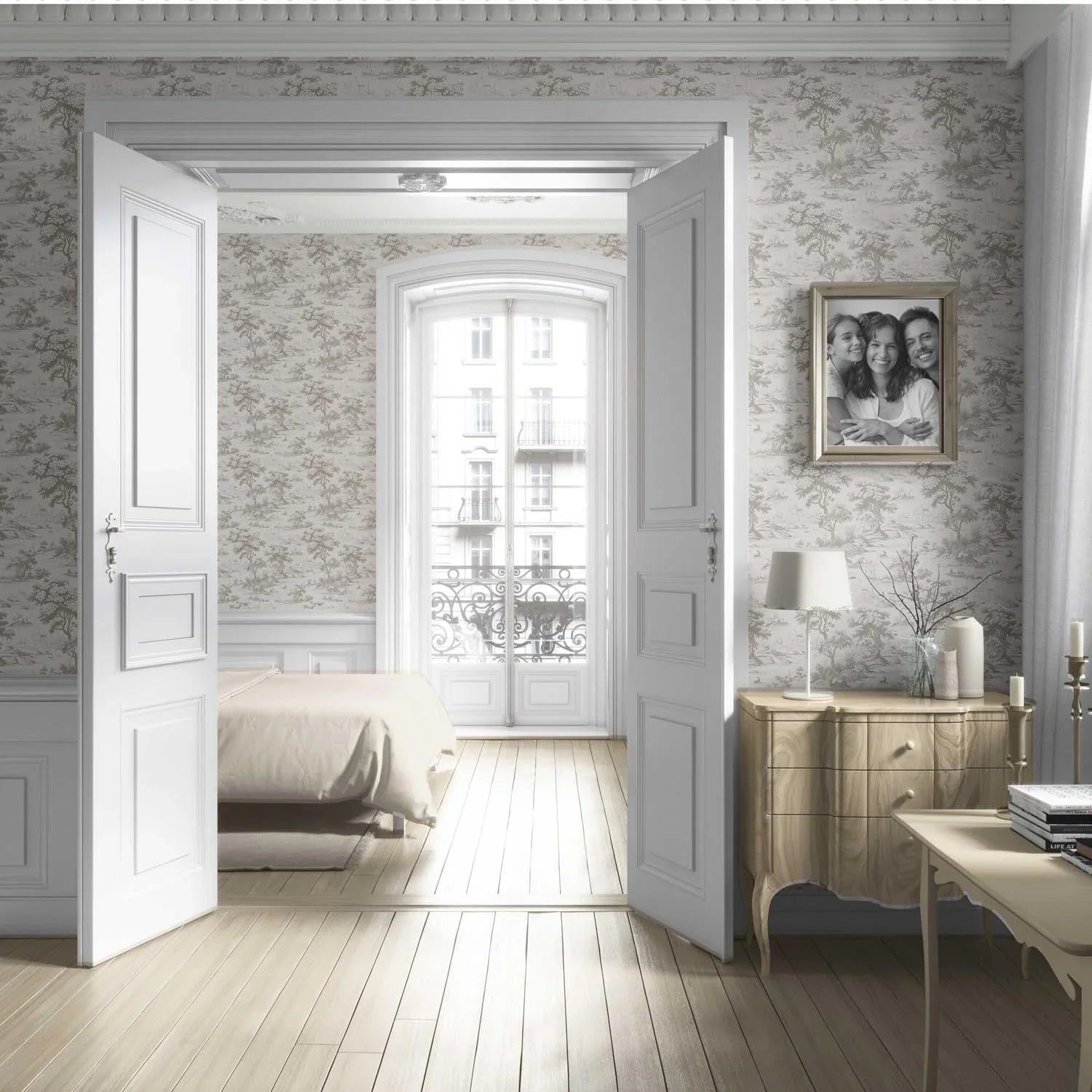 Floral Toile de Jouy Nature Print Living Room Wallpaper (Greige/ Taupe/ Warm Gray)