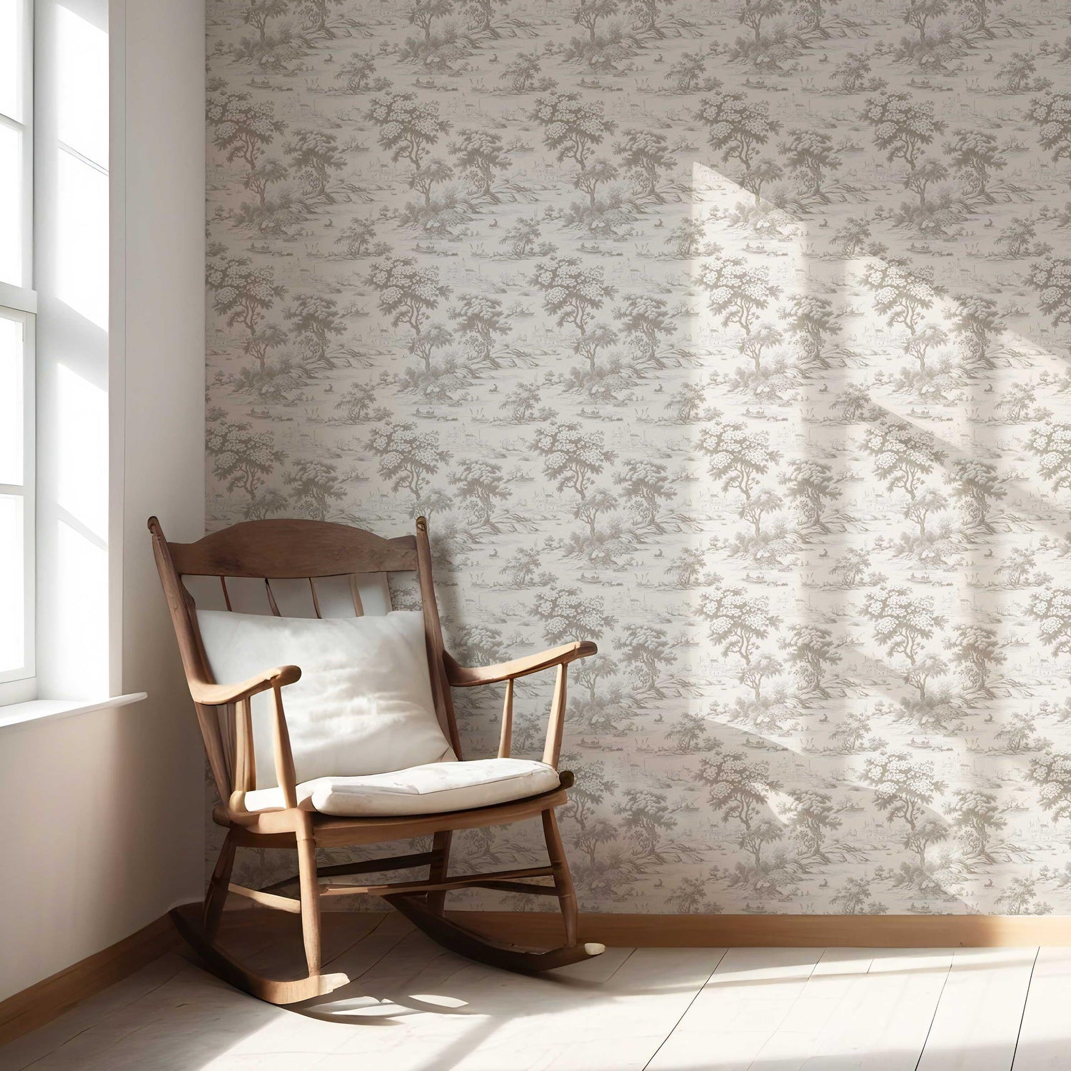 Floral Toile de Jouy Nature Print Nursery Wallpaper (Greige/ Taupe/ Warm Gray)