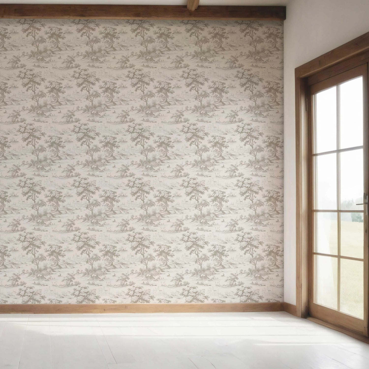 Floral Toile de Jouy Nature Print Bedroom Wallpaper (Greige/ Taupe/ Warm Gray)