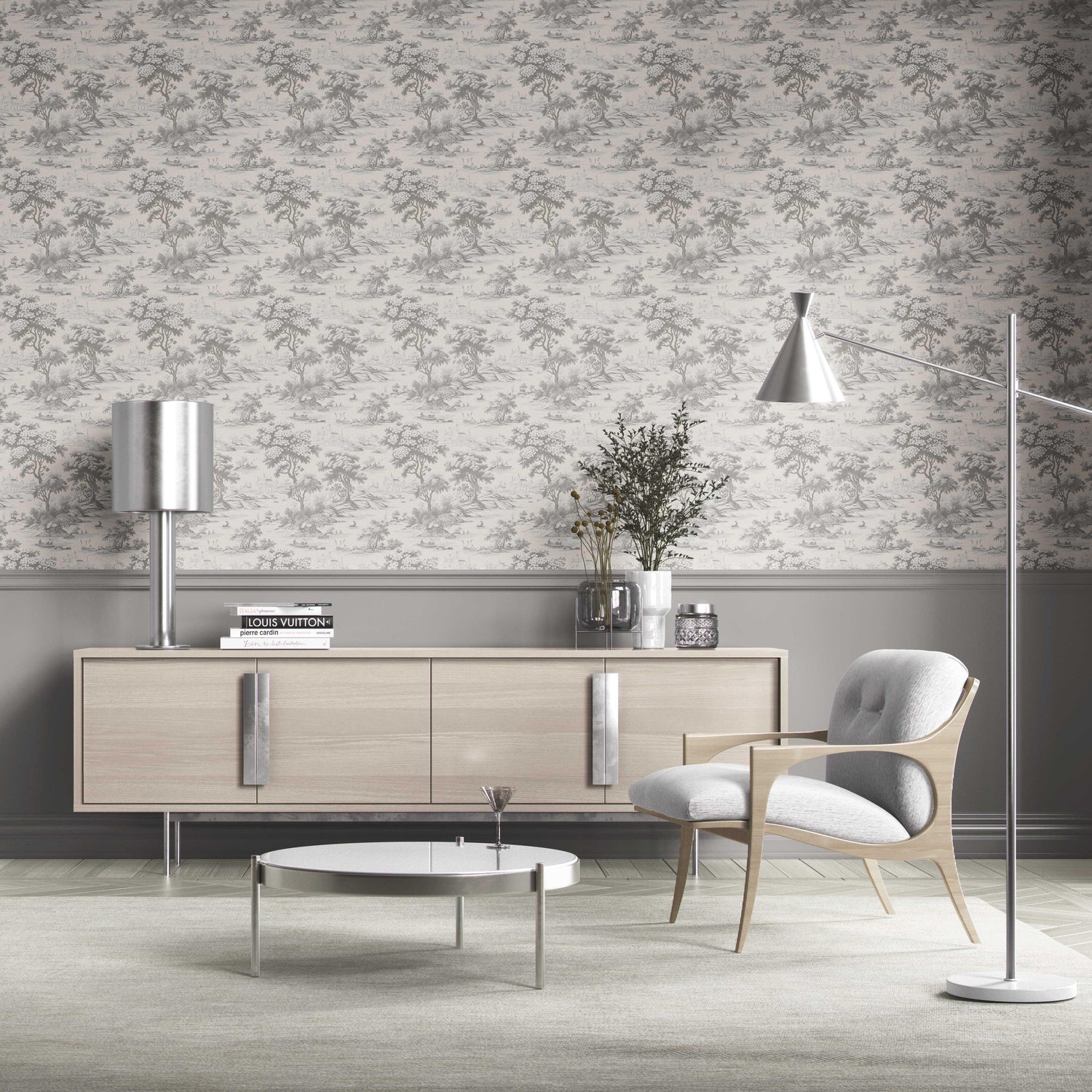 Floral Toile de Jouy Nature Print Kitchen Wallpaper (Silver Gray)