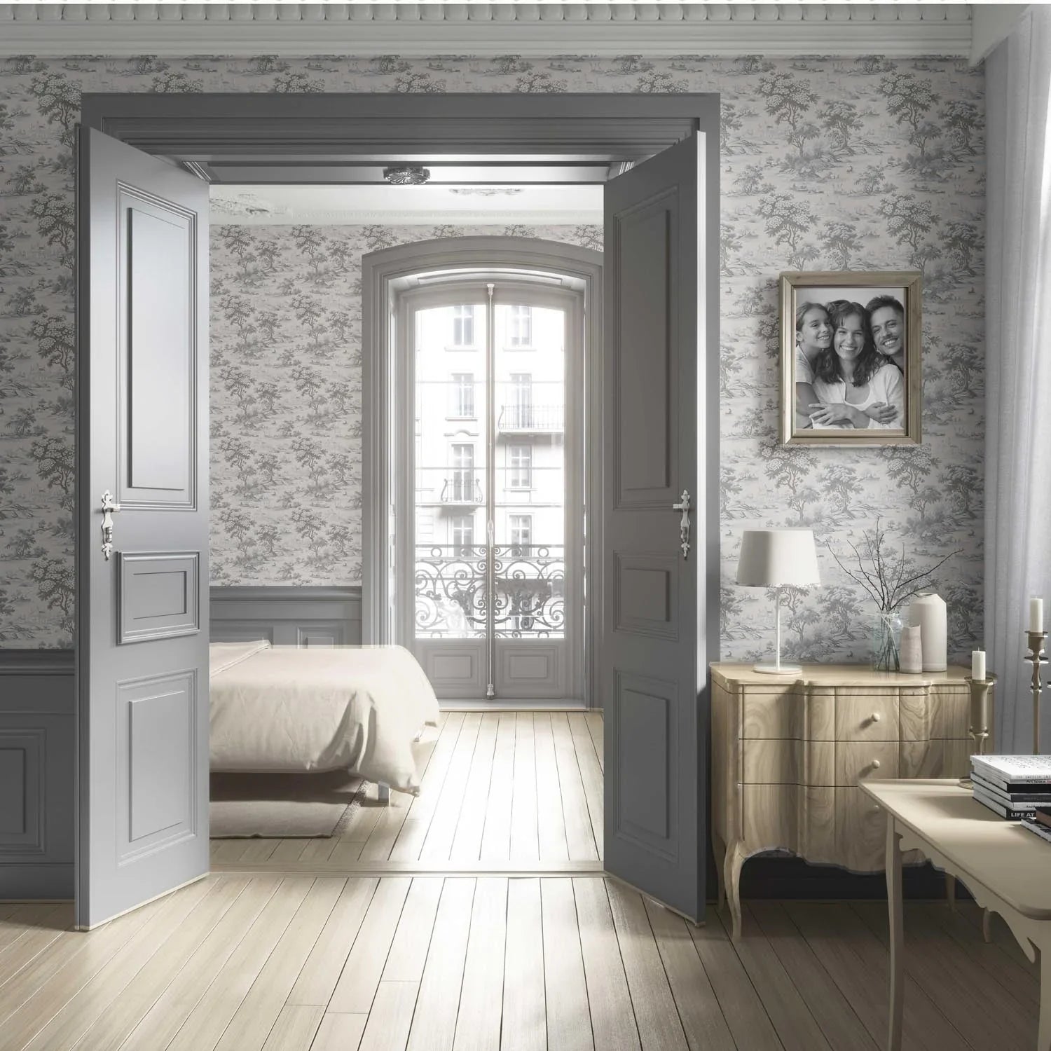 Floral Toile de Jouy Nature Print Living Room Wallpaper (Silver Gray)