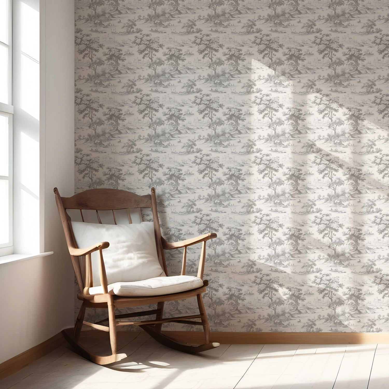 Floral Toile de Jouy Nature Print Nursery Wallpaper (Silver Gray)
