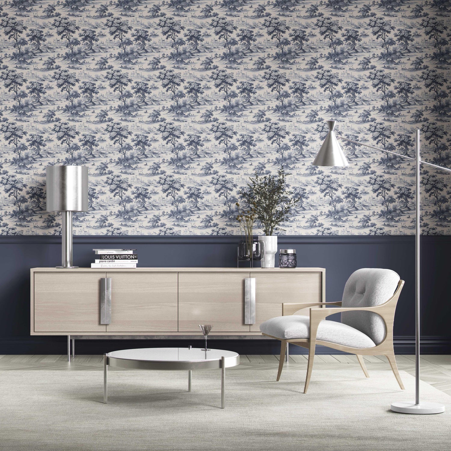 Floral Toile de Jouy Nature Print Kitchen Wallpaper (Navy Blue)