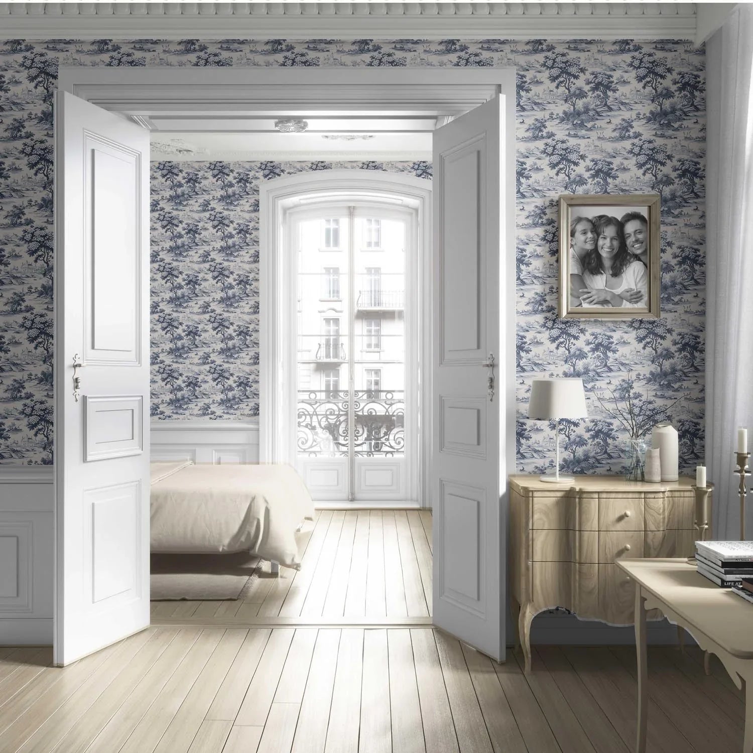 Floral Toile de Jouy Nature Print Living Room Wallpaper (Navy Blue)