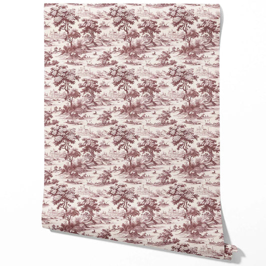 Floral Toile de Jouy Nature Print Traditional Wallpaper (Maroon Red/ Deep Pink)