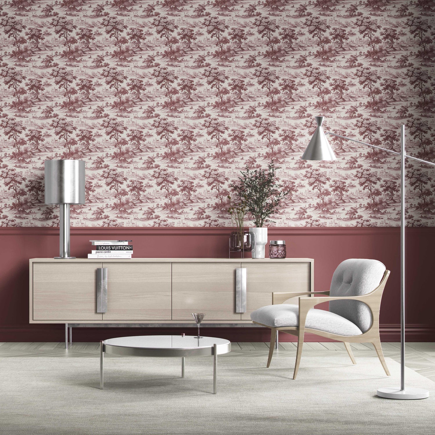 Floral Toile de Jouy Nature Print Kitchen Wallpaper (Maroon Red/ Deep Pink)