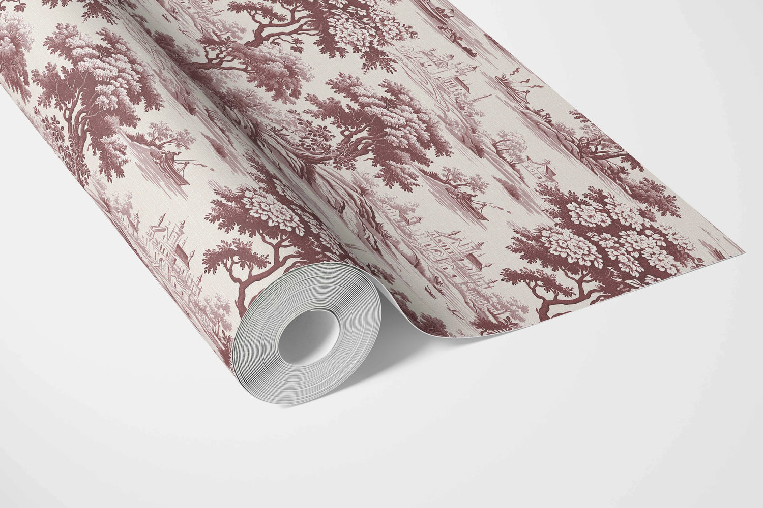 Floral Toile de Jouy Nature Print Bathroom Wallpaper (Maroon Red/ Deep Pink)