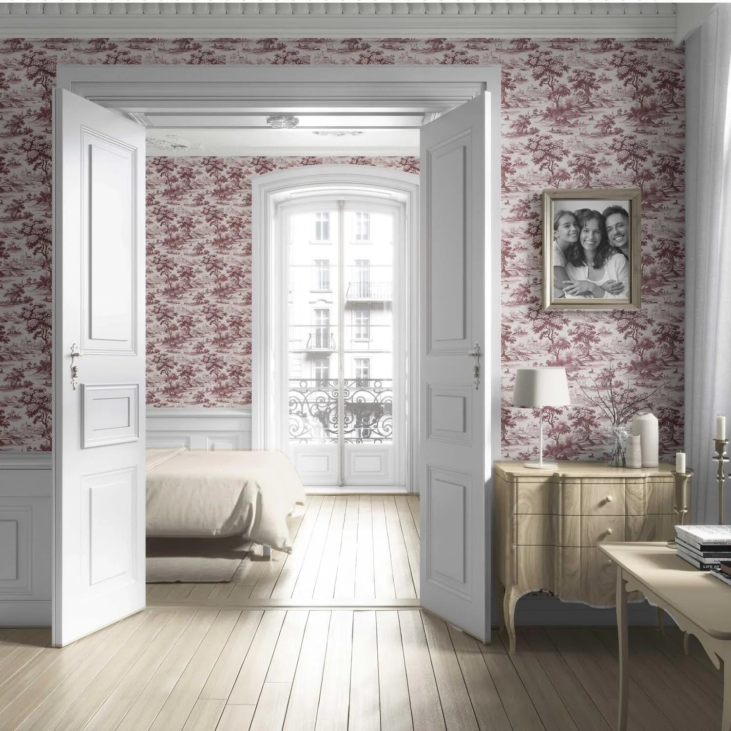 Floral Toile de Jouy Nature Print Living Room Wallpaper (Maroon Red/ Deep Pink)