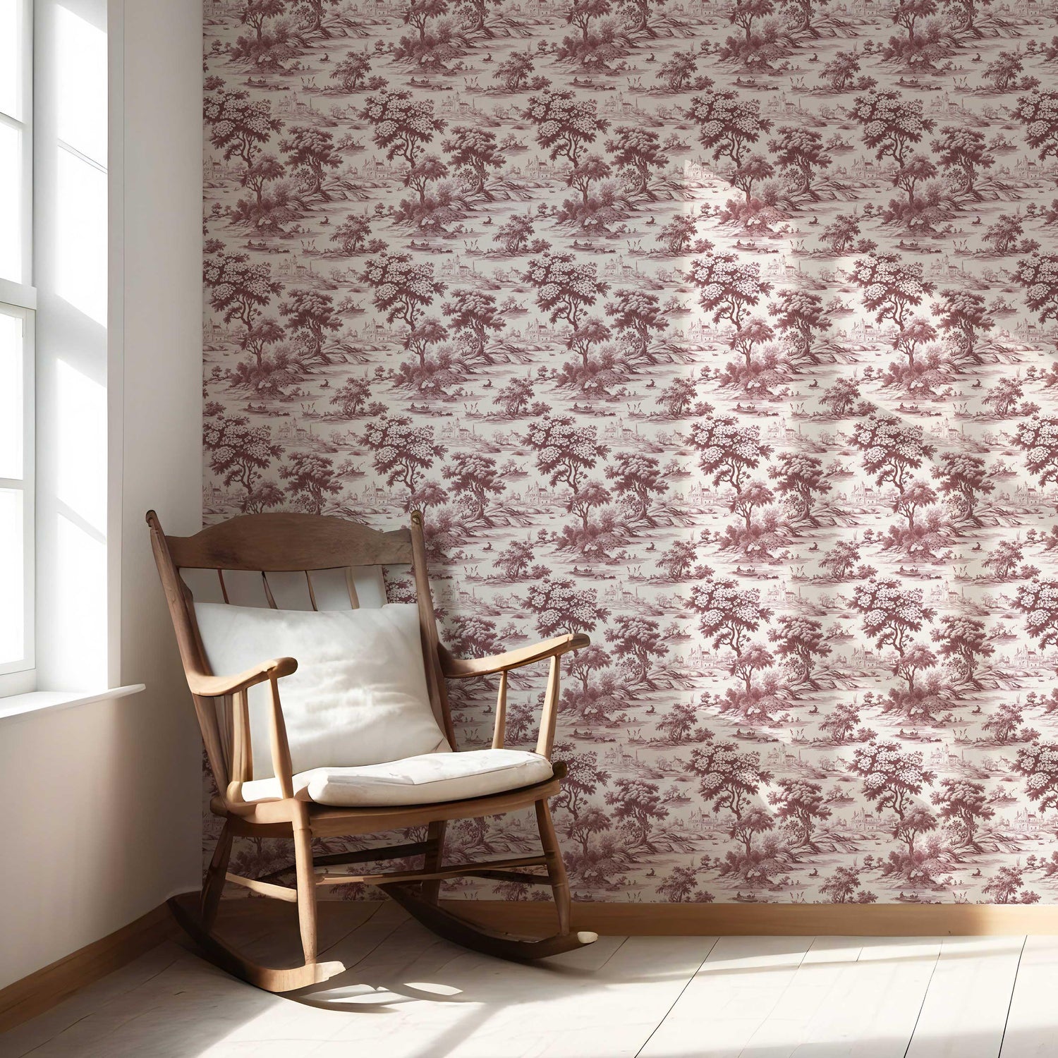 Floral Toile de Jouy Nature Print Nursery Wallpaper (Maroon Red/ Deep Pink)